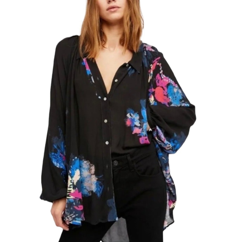 Free People Long Sleeve Floral High Low Shirt / Blouse / Tunic